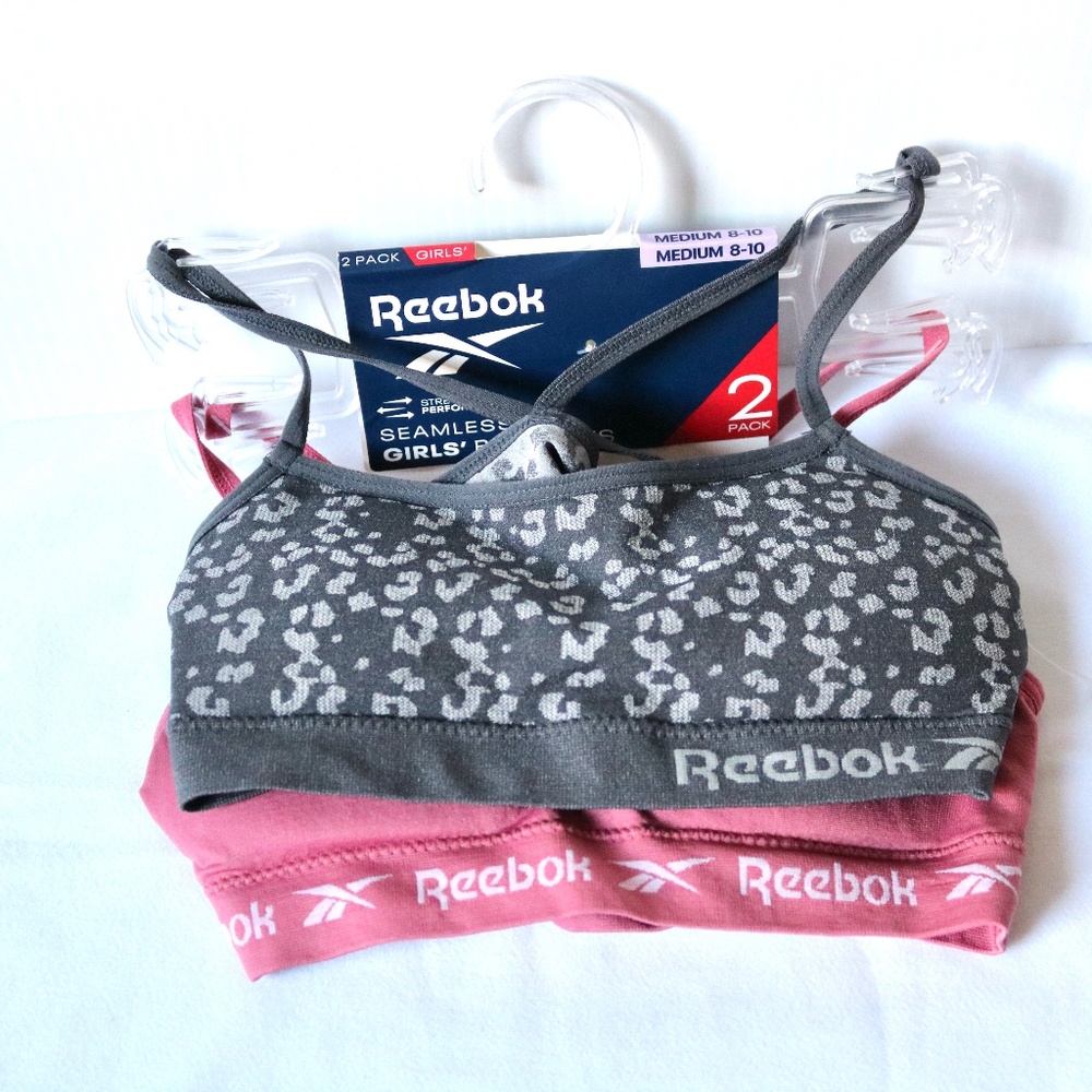 New REEBOK Girls Seamless Bralettes Bra Pack of 2 Size Medium (8-10) Pink Grey